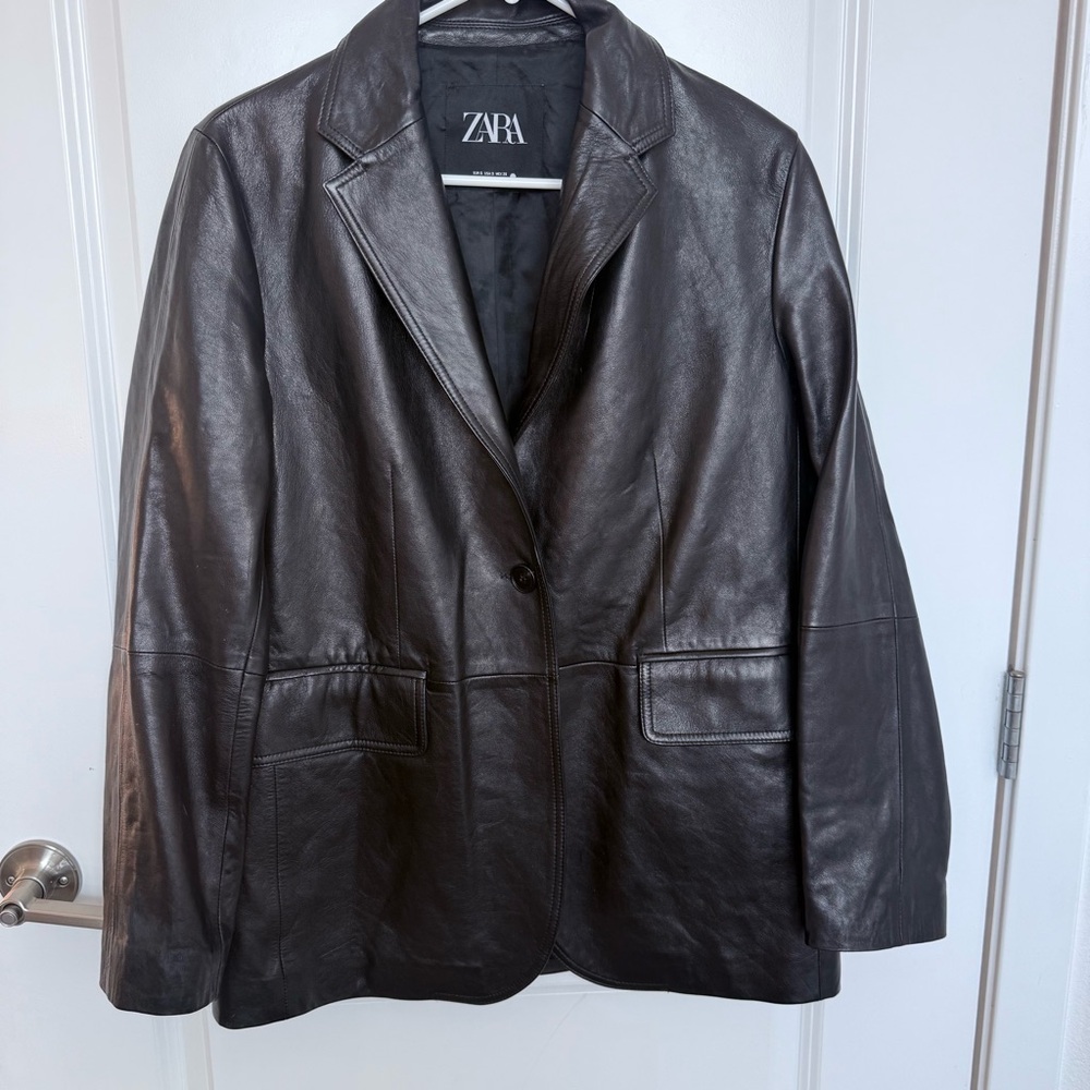 Zara Genuine Lamb Leather Blazer Black Tailored Jacket